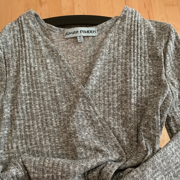 A-line Grey Trendy Ribbed Dress V-neck - Picture 2 of 5